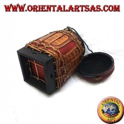 Caja tradicional tailandesa con encaje de bambú (cilíndrico, burdeos)