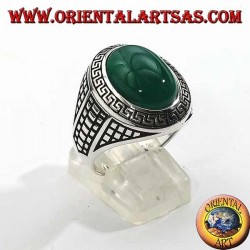 Silver ring with large oval green agate surrounded by a bas-relief grid