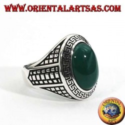 Silver ring with large oval green agate surrounded by a bas-relief grid