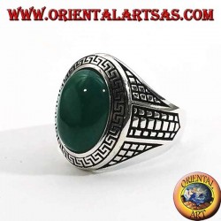 Silver ring with large oval green agate surrounded by a bas-relief grid