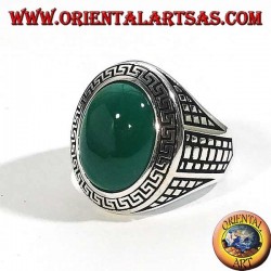 Silver ring with large oval green agate surrounded by a bas-relief grid