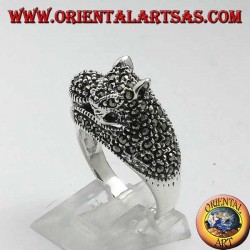Silver ring, cat with marcasite ball