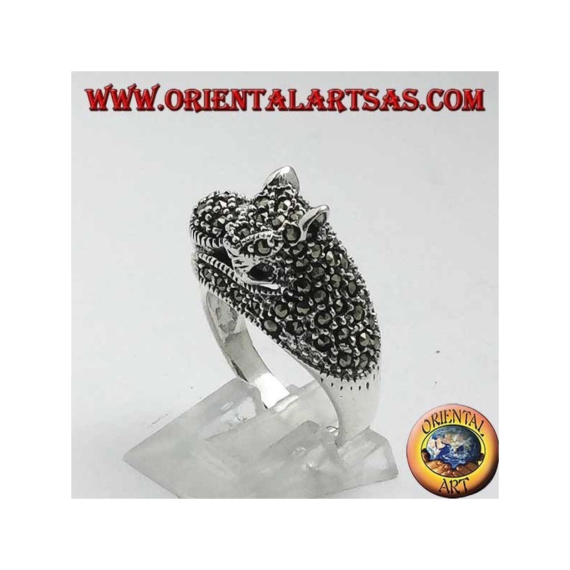 Anillo de plata, gato con bola de marcasita