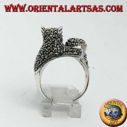 Anillo de plata, gato con bola de marcasita