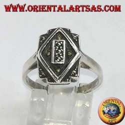 Silver ring, overlapping rectangle and rhombus in marcasite