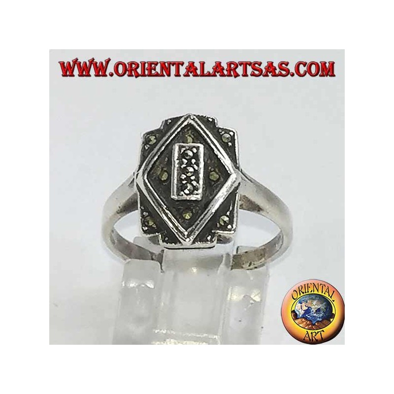 Silver ring, overlapping rectangle and rhombus in marcasite