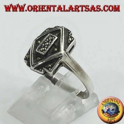 Silver ring, overlapping rectangle and rhombus in marcasite