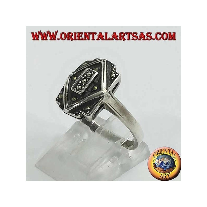 Anello in argento, rettangolo e rombo sovrapposti in marcasite