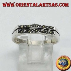 Silver ring, wavy rectangle in marcasite