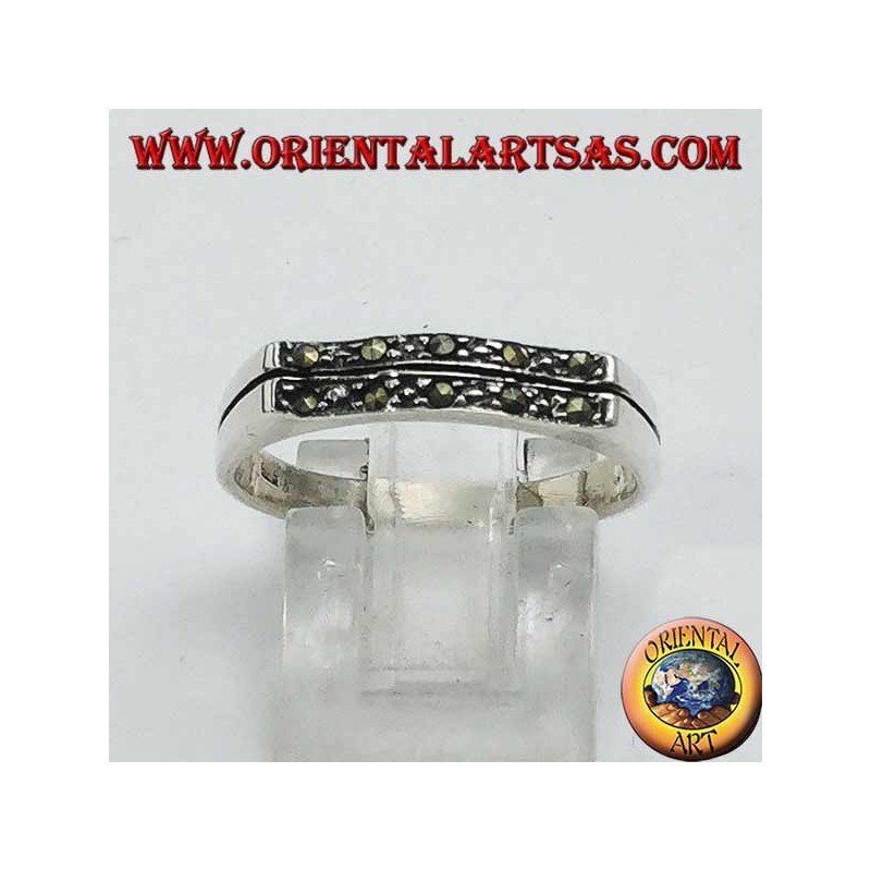 Anillo de plata, rectángulo ondulado en marcasita