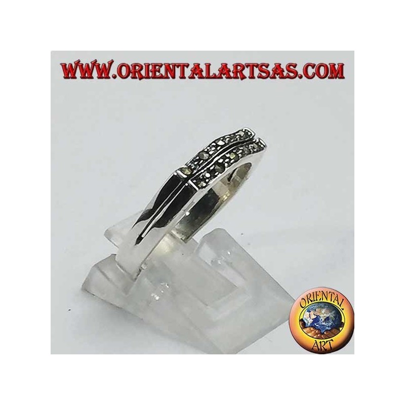 Bague en argent, rectangle ondulé en marcassite