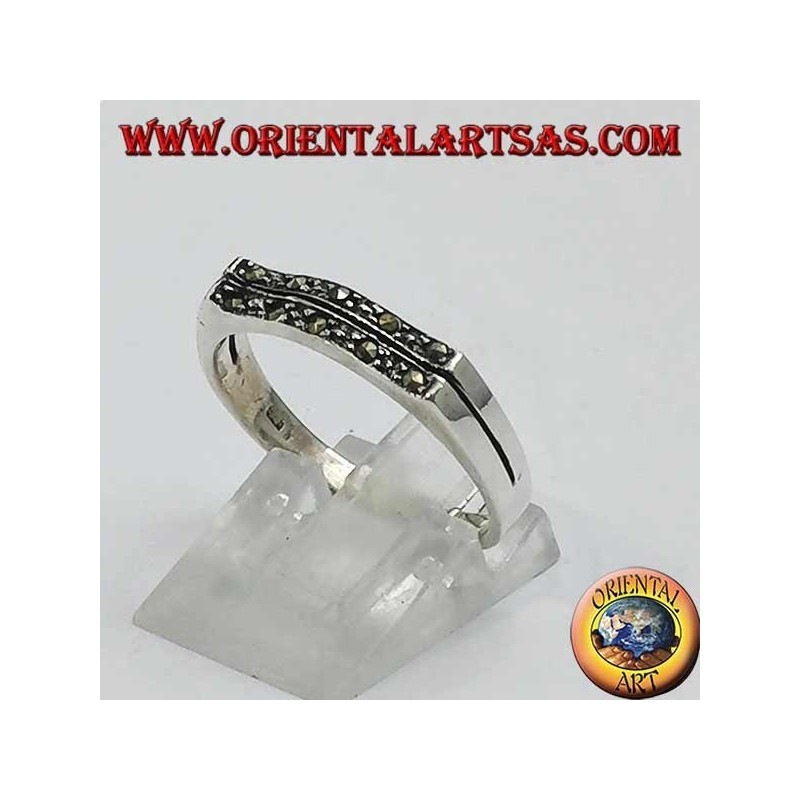 Silver ring, wavy rectangle in marcasite