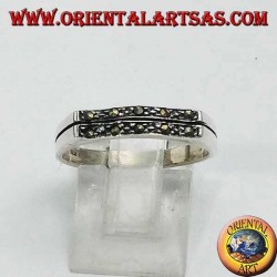 Silver ring, wavy rectangle in marcasite
