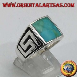 Silver ring with square natural turquoise and labyrinth on the sides