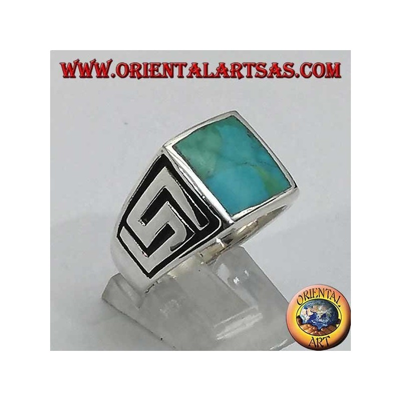 Silver ring with square natural turquoise and labyrinth on the sides