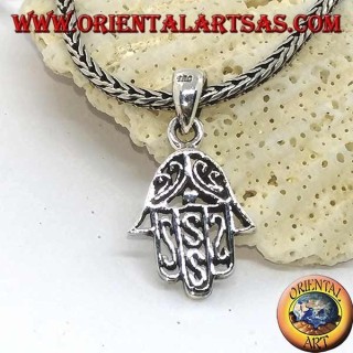 Colgante de plata mano de Fátima perforada con decoraciones árabes