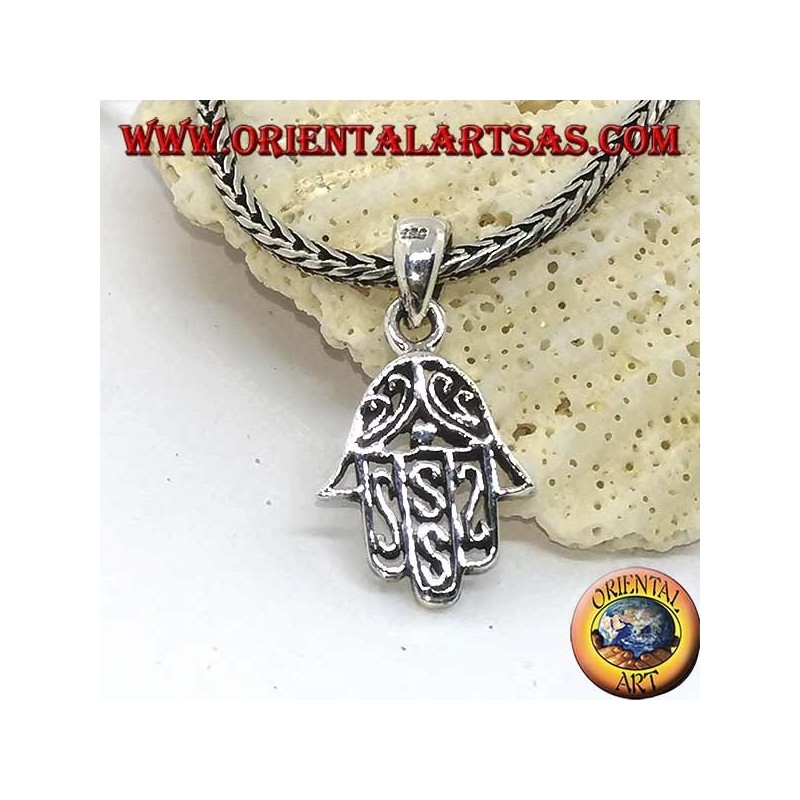 Silver pendant hand of Fatima pierced with arabic decorations