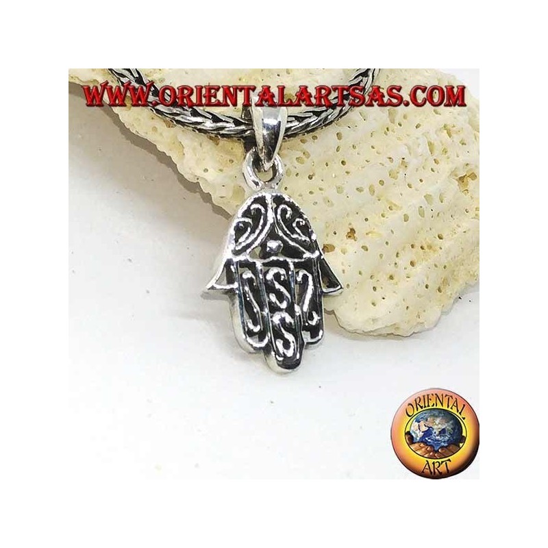 Silver pendant hand of Fatima pierced with arabic decorations