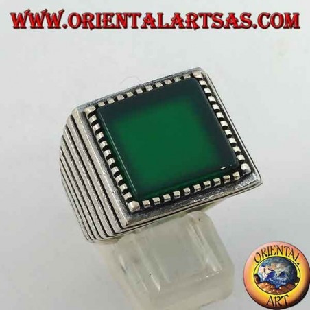 Silver ring with large square green agate, striped on the sides
