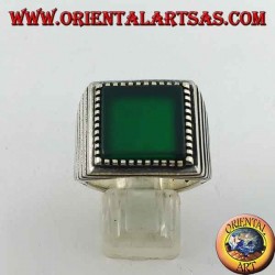 Silver ring with large square green agate, striped on the sides