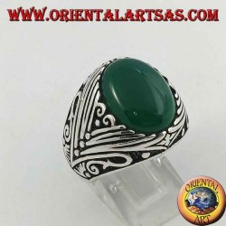 Silver ring with oval green agate cabochon with deep lateral engravings