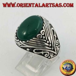 Silver ring with oval green agate cabochon with deep lateral engravings