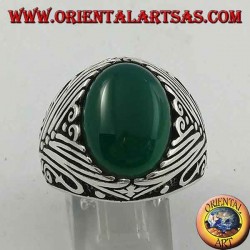 Silver ring with oval green agate cabochon with deep lateral engravings