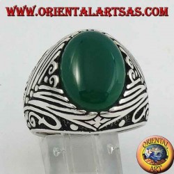 Silver ring with oval green agate cabochon with deep lateral engravings