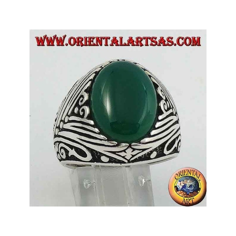 Silver ring with oval green agate cabochon with deep lateral engravings