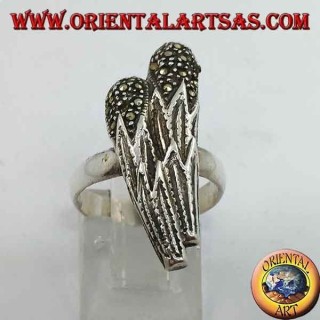 Silver ring in the shape of two clubs with marcasite