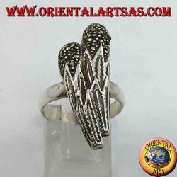 Silver ring in the shape of two clubs with marcasite