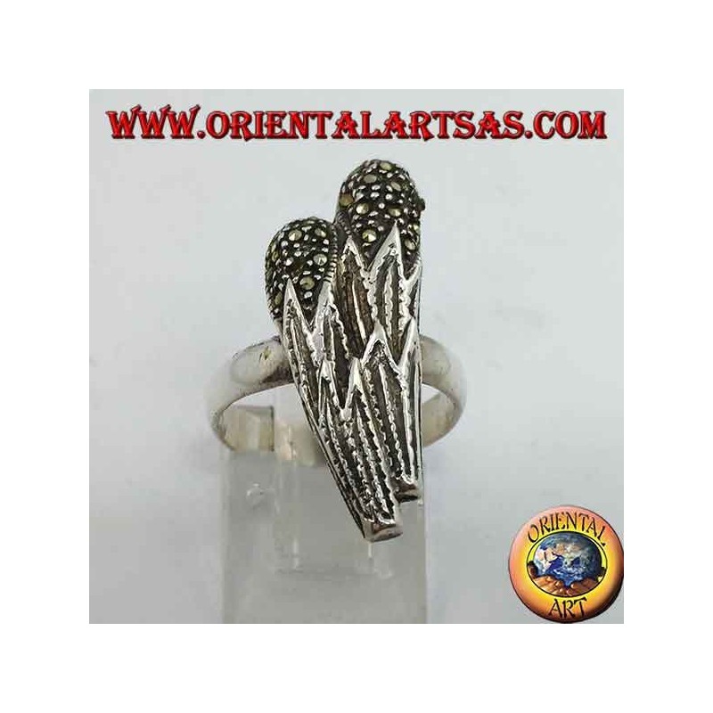 Silver ring in the shape of two clubs with marcasite