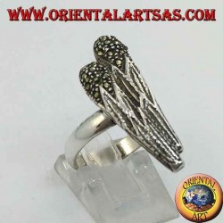 Silver ring in the shape of two clubs with marcasite
