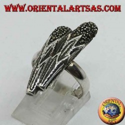 Silver ring in the shape of two clubs with marcasite