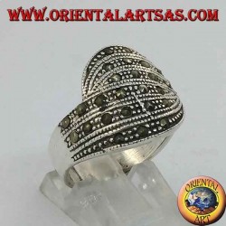 Silver ring, embrace of two bands with marcasite