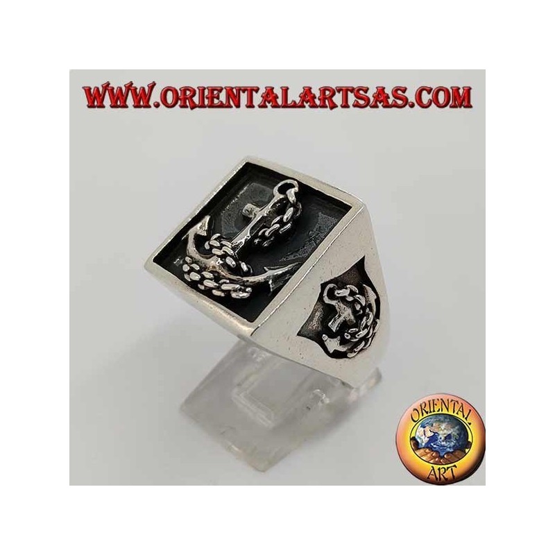 Silver ring with square seal and anchor