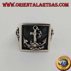 Bague en argent avec sceau carré et ancre