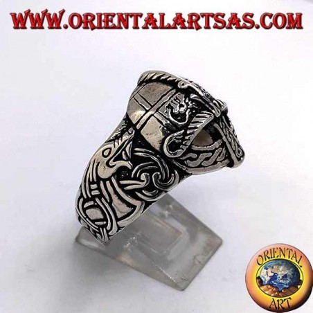 Silver ring in the shape of a helmet with Celtic engravings