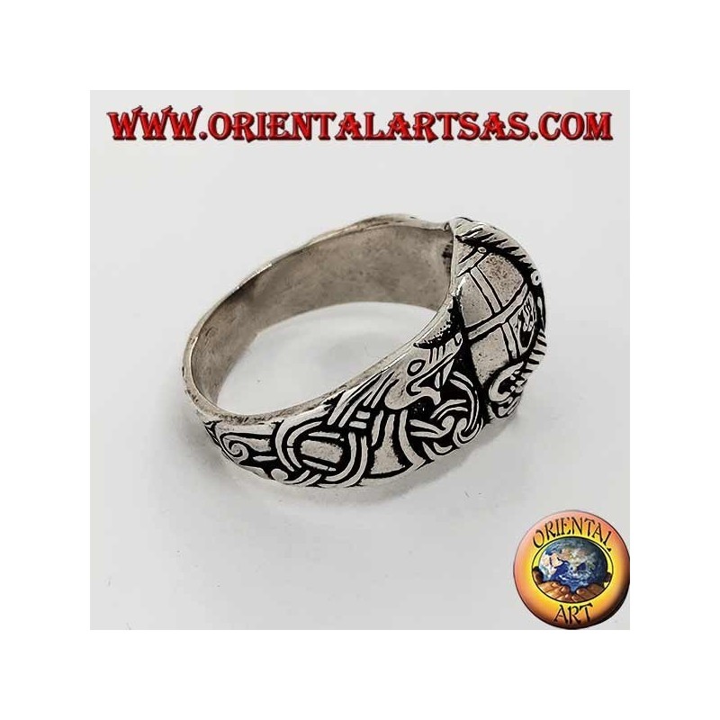 Silver ring in the shape of a helmet with Celtic engravings