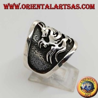 Wide band silver ring with dragon in high relief