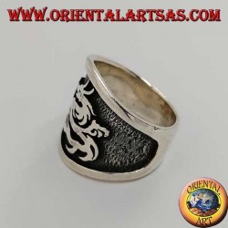 Wide band silver ring with dragon in high relief