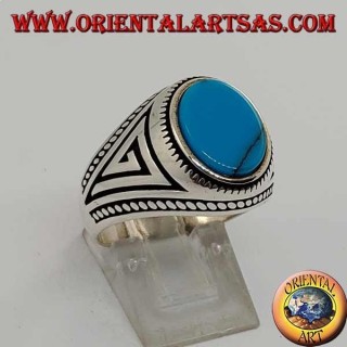 Anello in argento con turchese ovale piatta con treccia ai bordi dell'anello