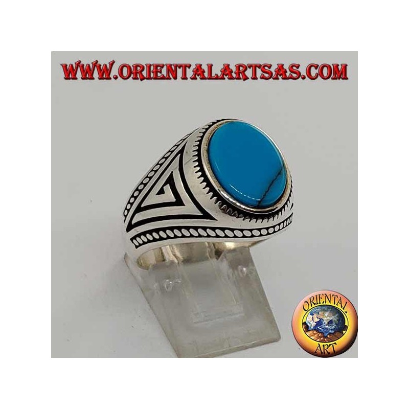 Silver ring with flat oval turquoise with braid at the edges of the ring