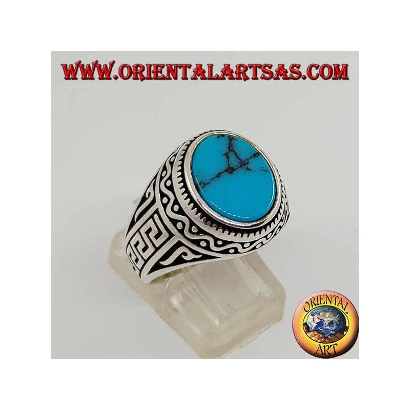 Silver ring with flat oval turquoise with Greek on the sides of the ring