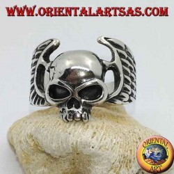 Silver ring, skull without jaw between motorcyclist wings