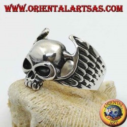 Silver ring, skull without jaw between motorcyclist wings