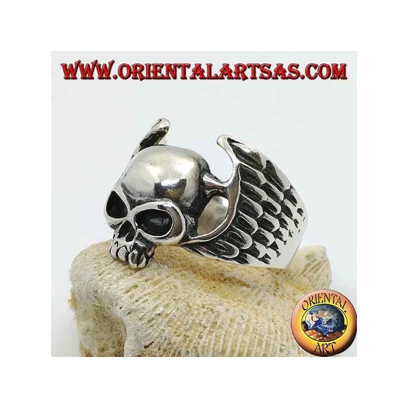 Silver ring, skull without jaw between motorcyclist wings