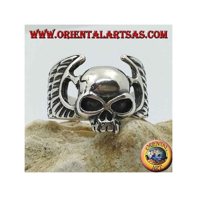 Silver ring, skull without jaw between motorcyclist wings