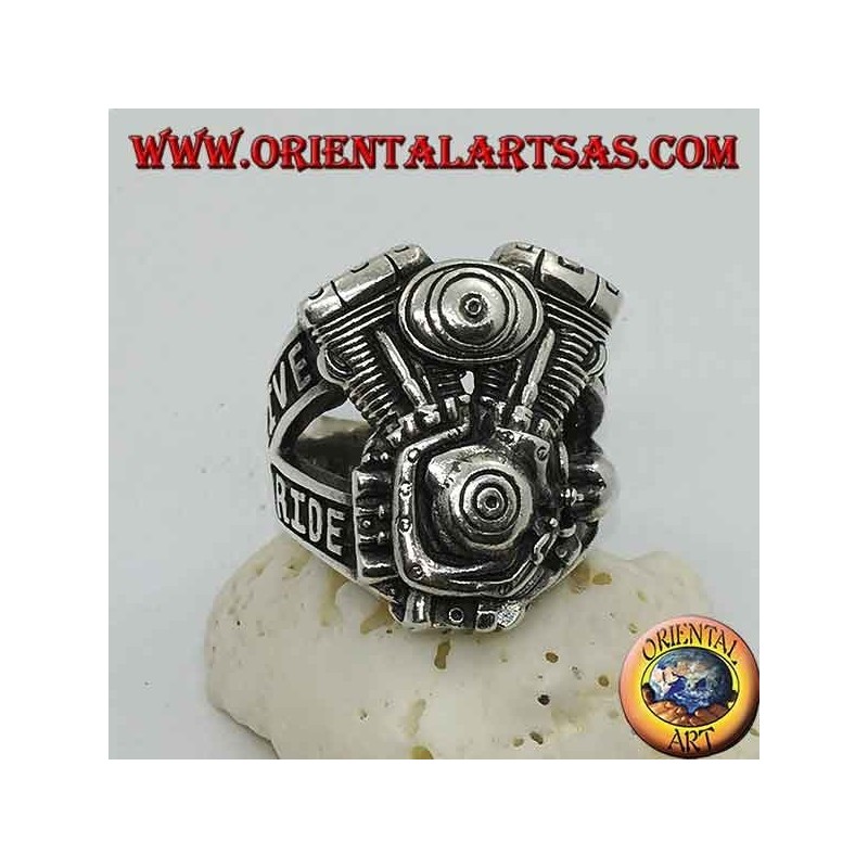 Bague en argent, moteur Harley Davidson "LIVE TO RIDE"