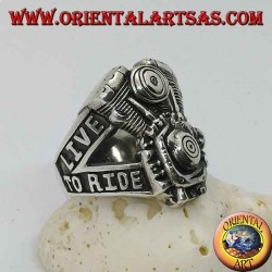 Bague en argent, moteur Harley Davidson "LIVE TO RIDE"